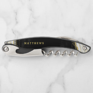 Zwart Wit & Goud Geode Agaat Bruiloft Monogram Kurkentrekker