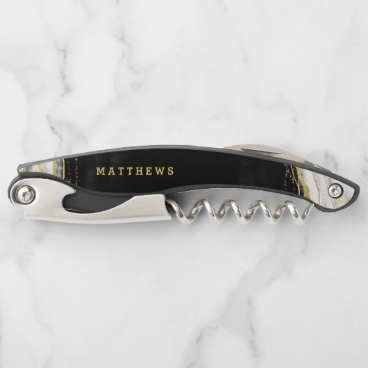 Zwart Wit & Goud Geode Agaat Bruiloft Monogram Kurkentrekker (Voorkant)