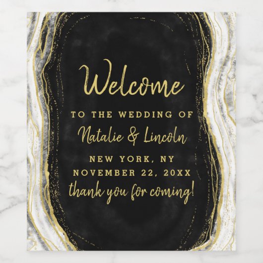Zwart Wit & Goud Geode Agaat Bruiloft Welkom Wijn Etiket (Enkel label)