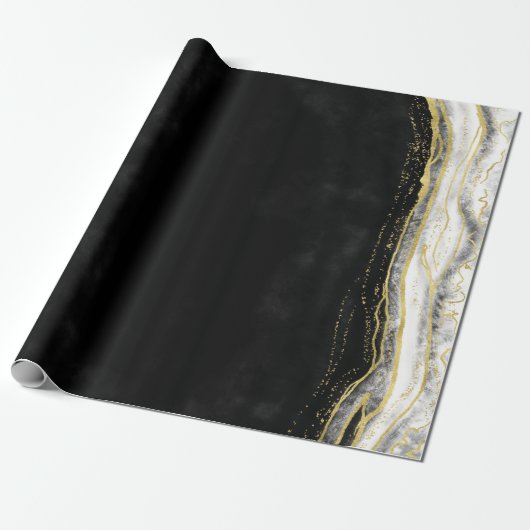 Zwart Wit & Goud Geode Agaat Marmer Bruiloft Cadeaupapier (Uitgerold)