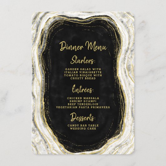 Zwart Wit & Goud Geode Agaat Marmer Diner Menu (Voorkant)