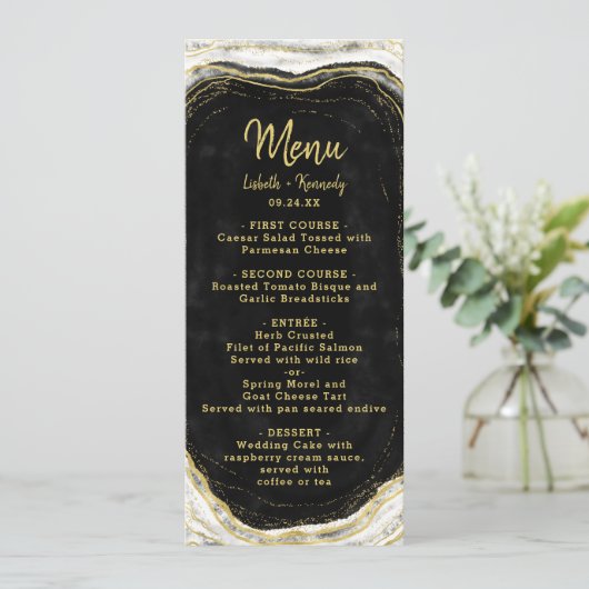 Zwart Wit & Goud Geode Agaat Marmer Slice Diner Menu (Staand voorkant)