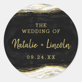Zwart Wit & Goud Geode Agaat Monogram Bruiloft Ronde Sticker