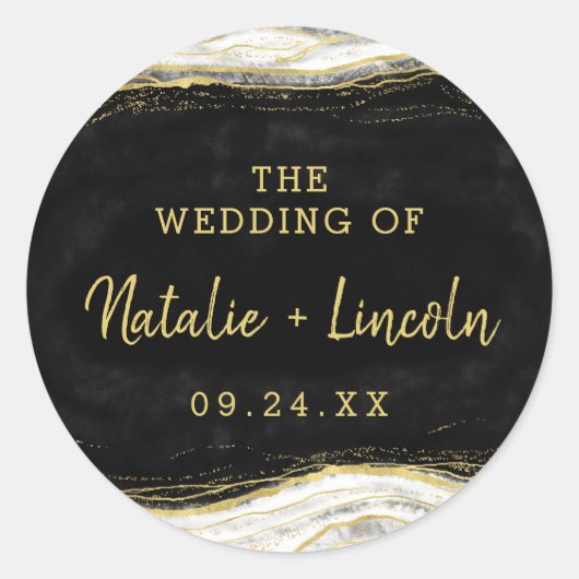Zwart Wit & Goud Geode Agaat Monogram Bruiloft Ronde Sticker (Voorkant)