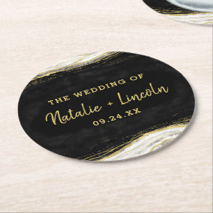 Zwart Wit & Goud Geode Agaat Slice Monogram Ronde Kartonnen Onderzetter