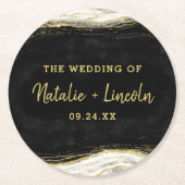 Zwart Wit & Goud Geode Agaat Slice Monogram Ronde Kartonnen Onderzetter (Voorkant)