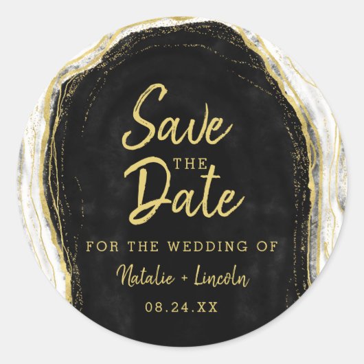 Zwart Wit & Goud Geode Agaat Slice Save the Date Ronde Sticker (Voorkant)