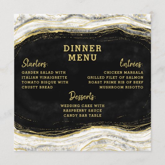 Zwart Wit & Goud Geode Agaat Slice Vierkant Diner Menu (Voorkant)