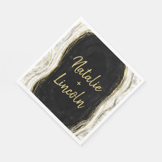 Zwart Wit & Goud Geode Bruiloft Monogram Diner Servet (Hoek)