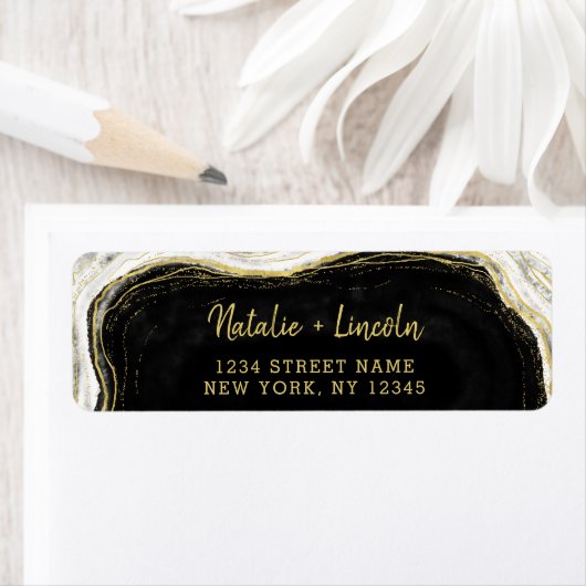 Zwart Wit & Goud Geode Bruiloft Retouradres Etiket (Insitu)