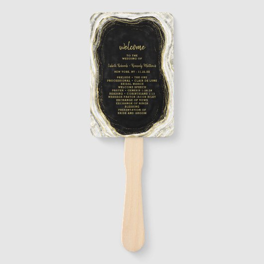 Zwart Wit & Goud Geode Huwelijksceremonie Programm Handwaaier (Voorkant)