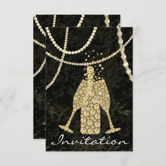 Zwart Wit Goud Glas Bubbles Champagne Toasten Kaart (Voorkant / Achterkant)