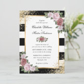 Zwart Wit Goud Glitter Blush Roze Bloemige Bruilof Kaart (Staand voorkant)