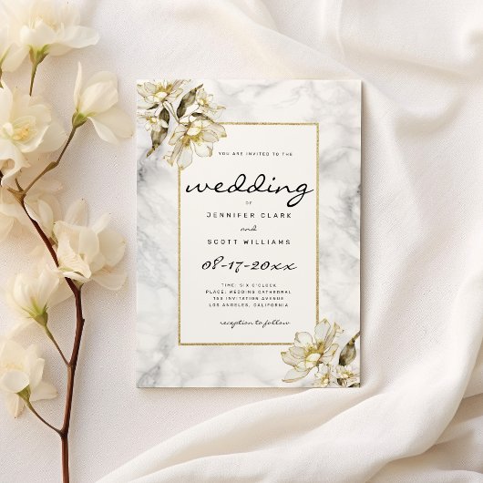 Zwart wit goud glitter marmeren bloemen Trouwen Kaart