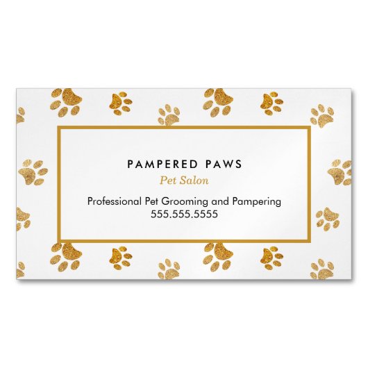 Zwart Wit Goud Glitter Paw Prints Pet Salon Magnetisch Visitekaartje (Voorkant)