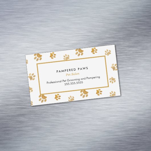 Zwart Wit Goud Glitter Paw Prints Pet Salon Magnetisch Visitekaartje (Voorbeeld)