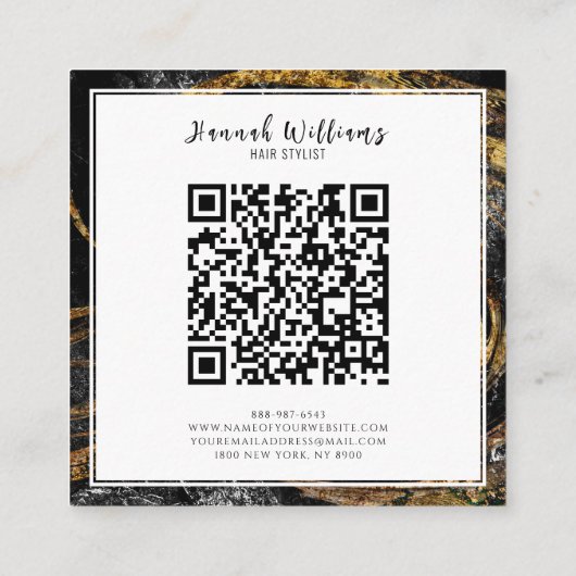 Zwart & wit Goud Glitter Qr Code Abstract Marmer Vierkante Visitekaartje (Achterkant)