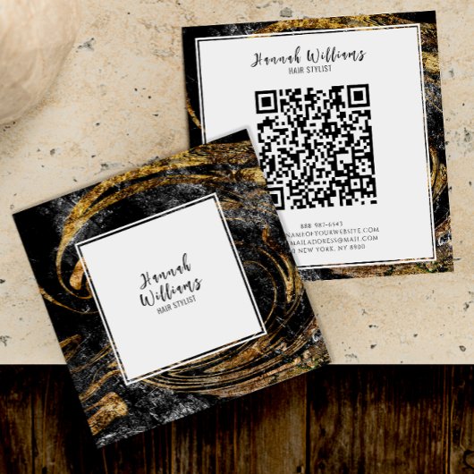 Zwart & wit Goud Glitter Qr Code Abstract Marmer Vierkante Visitekaartje