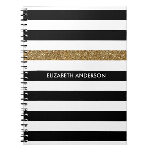 Zwart Wit Goud Glitter Streep Naam Notitieboek (Voorkant)