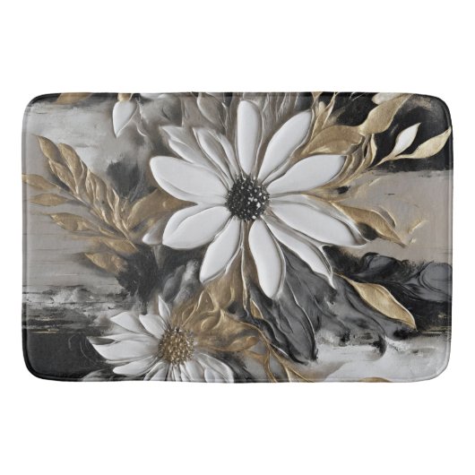 Zwart Wit Goud Grijs Bloemen Print Badmat (Voorkant)