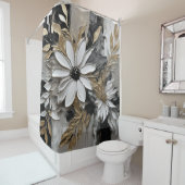 Zwart Wit Goud Grijs Bloemen Print Douchegordijn (In situ)