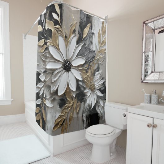 Zwart Wit Goud Grijs Bloemen Print Douchegordijn (In situ)