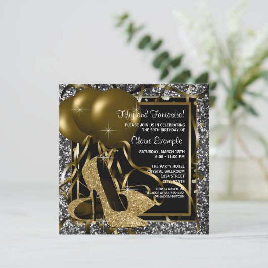 Zwart Wit Goud Hoge Hakken Vrouwen Verjaardagsfees Kaart (Staand voorkant)