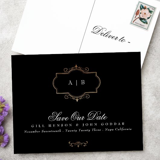 zwart wit goud kam monogram Folie Save The Date Aankondigingskaart