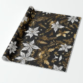 Zwart Wit Goud Kerstbloem Cadeaupapier (Uitgerold)