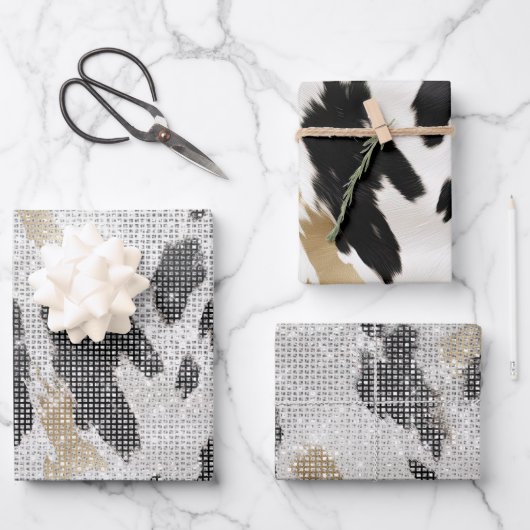 Zwart Wit Goud Koe Dierenprint Sparkle Inpakpapier Vel (Voorkant)