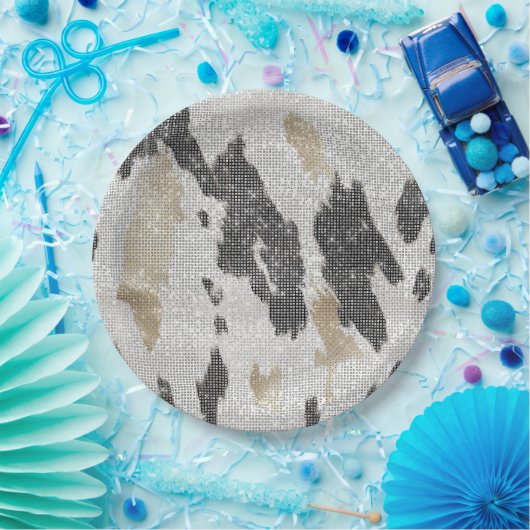 Zwart Wit Goud Koe Dierenprint Sparkle Verjaardag Papieren Bordje (Feest)