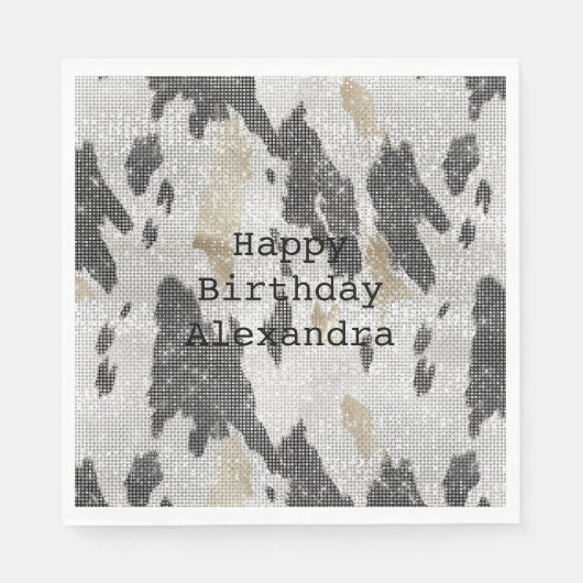 Zwart Wit Goud Koe Dierenprint Sparkle Verjaardag Servet (Voorkant)