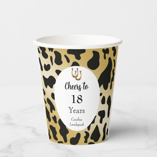 Zwart Wit Goud Koe Spots & Hoefijzer Verjaardag Papieren Bekers (Voorkant)