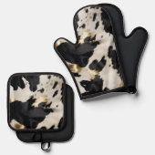 Zwart Wit Goud Koeienhuid Ovenwant & Pannenlap Set (Voorkant / Achterkant)