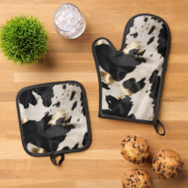 Zwart Wit Goud Koeienhuid Ovenwant & Pannenlap Set