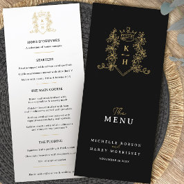 Zwart wit goud kroon kam monogram bruiloft menu
