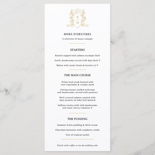 Zwart wit goud kroon kam monogram bruiloft menu (Achterkant)