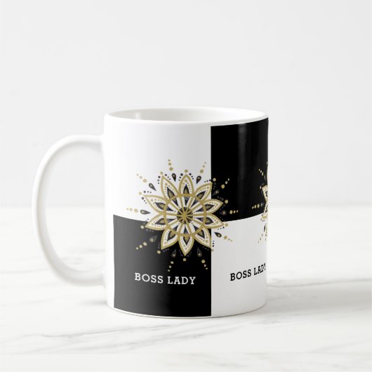 Zwart Wit & Goud Mandala Boss Lady Design Koffiemok (Links)