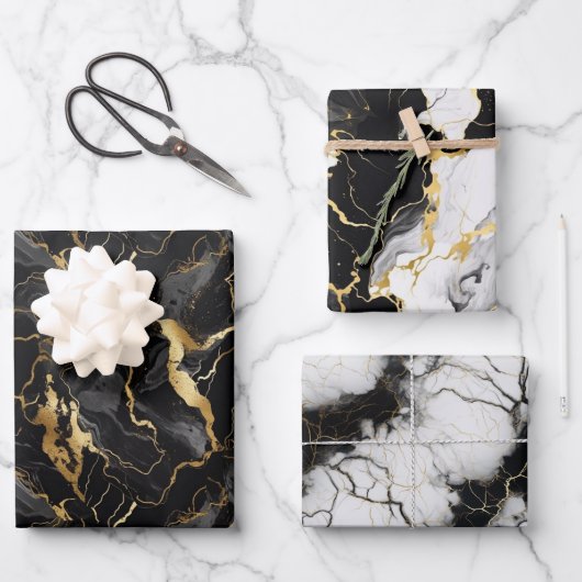 Zwart Wit Goud Marbel Patroon Gift Inpakpapier Vel (Voorkant)