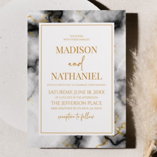 Zwart Wit Goud Marmer Elegant Bruiloft Kaart