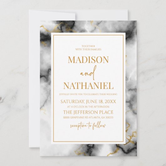 Zwart Wit Goud Marmer Elegant Bruiloft Kaart (Voorkant)