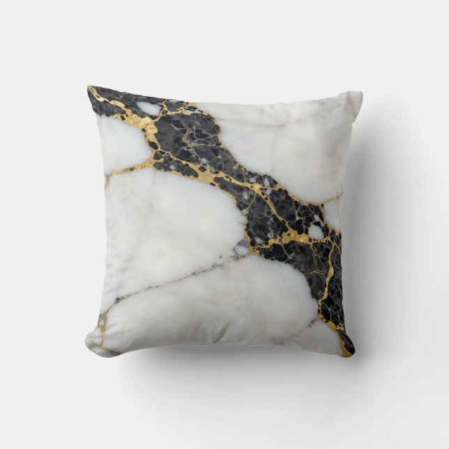 Zwart Wit Goud Marmer Luxe Kussen (Voorkant)