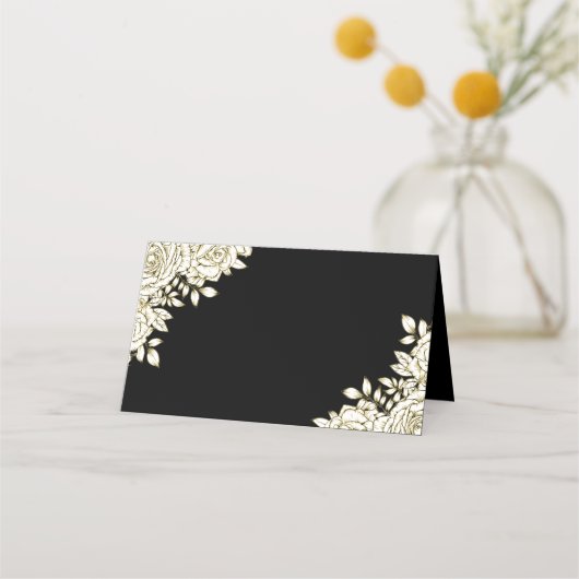 Zwart Wit Goud Minimale Moderne Bloemen Bruiloft Plaatskaartje (Achterkant)