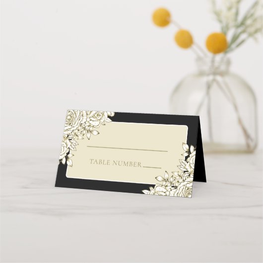 Zwart Wit Goud Minimale Moderne Bloemen Bruiloft Plaatskaartje (Voorkant)