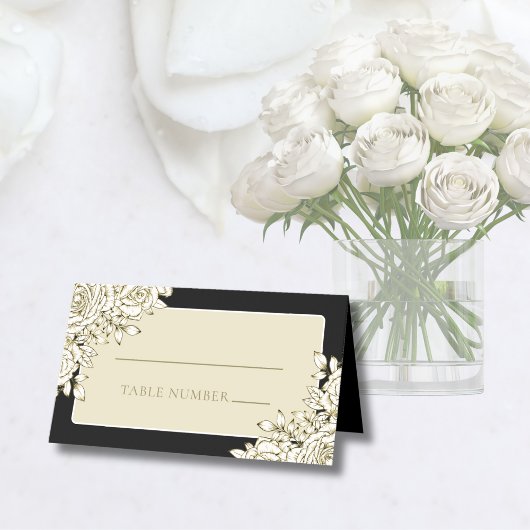 Zwart Wit Goud Minimale Moderne Bloemen Bruiloft Plaatskaartje