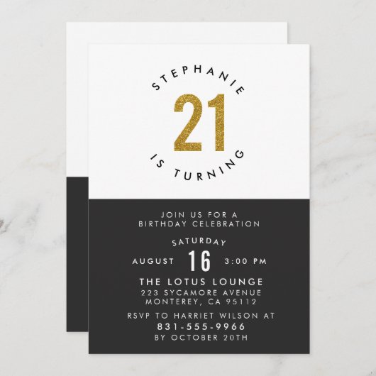 Zwart Wit & Goud Modern 21ste Verjaardagsfeest Kaart (Voorkant / Achterkant)
