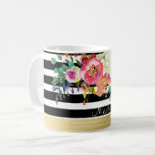 Zwart Wit Goud Modern Bloemen Glam Chic Custom Koffiemok (Voorkant links)