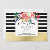 Zwart Wit Goud Modern Floral Glam Verjaardagsfeest Kaart (Voorkant)