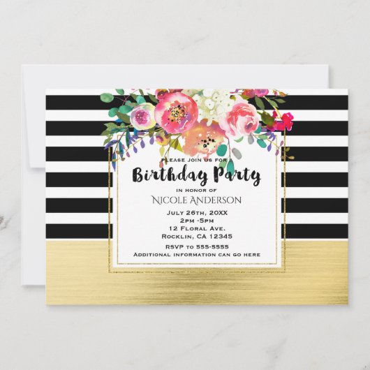 Zwart Wit Goud Modern Floral Glam Verjaardagsfeest Kaart (Voorkant)
