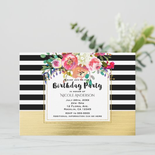 Zwart Wit Goud Modern Floral Glam Verjaardagsfeest Kaart (Staand voorkant)